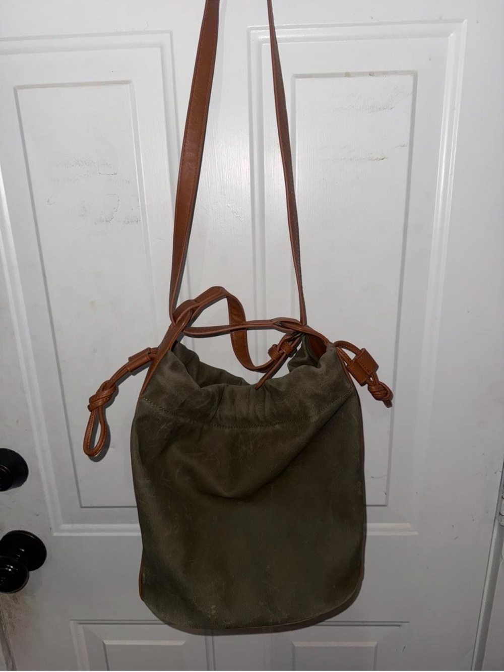 Olive Green Drawstring Shoulder Bag with Tan Trim